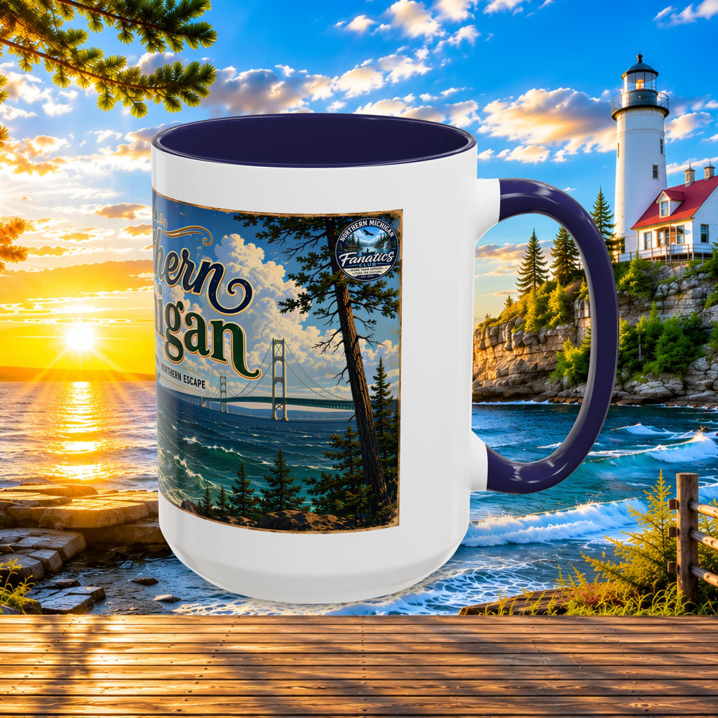 Northern Michigan Accent Coffee Mug — Scenic Lighthouse & Mackinac Bridge Travel Souvenir (11/15oz)