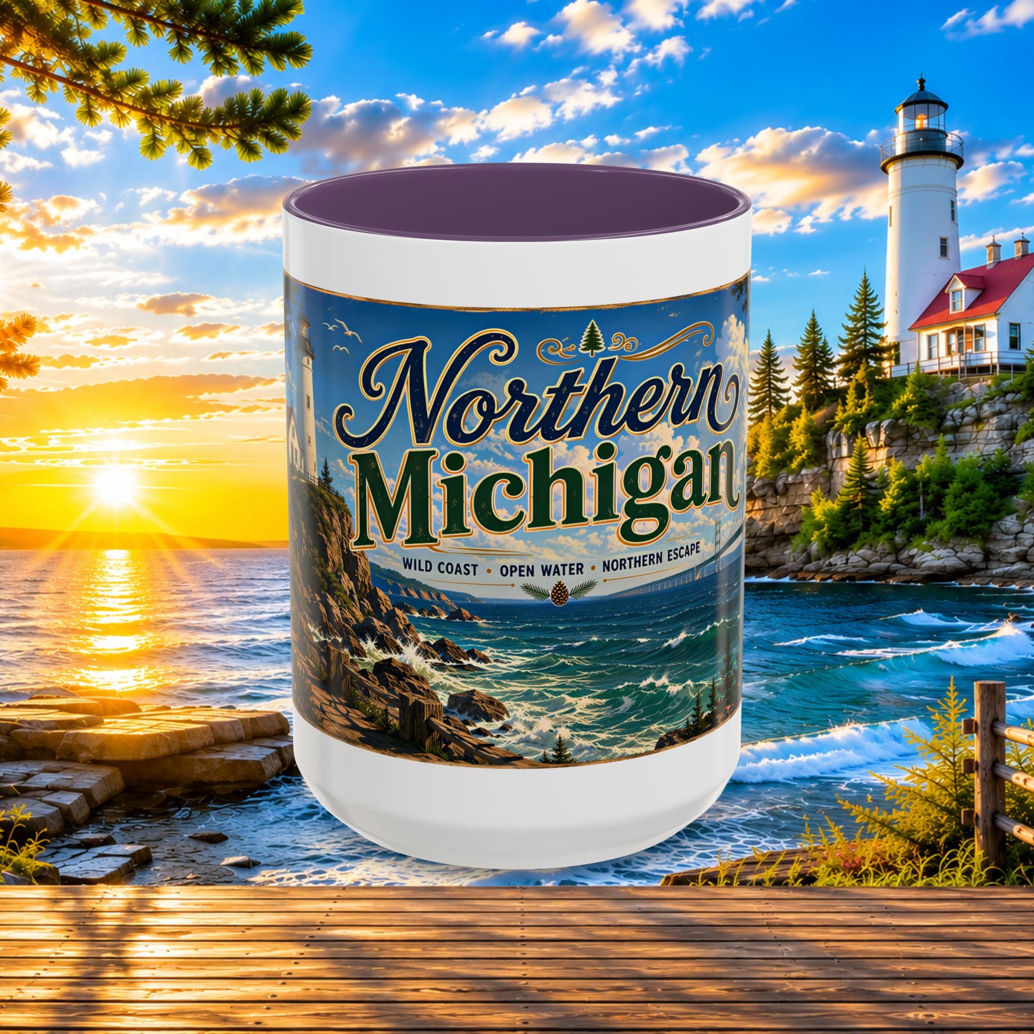Northern Michigan Accent Coffee Mug — Scenic Lighthouse & Mackinac Bridge Travel Souvenir (11/15oz)