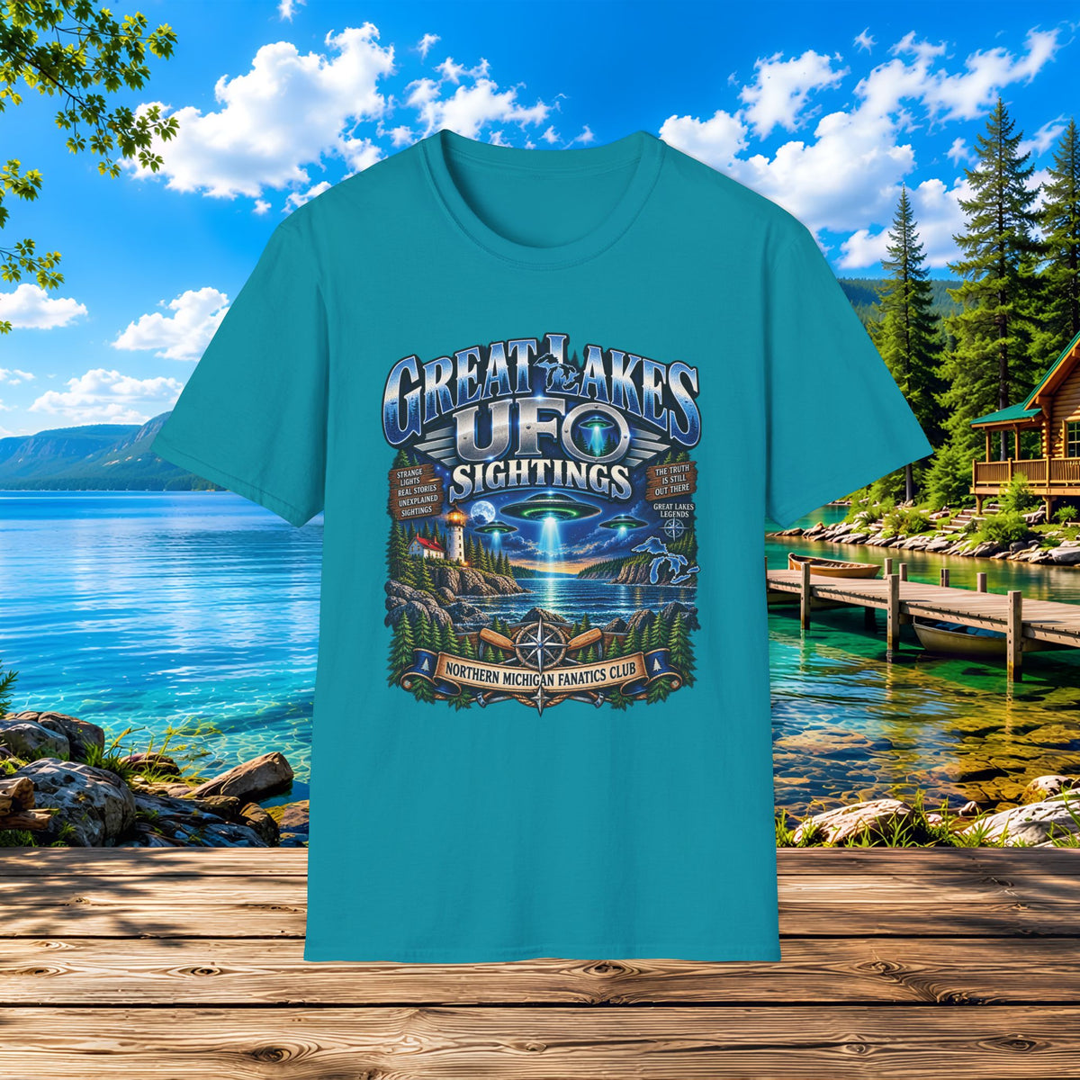 Great Lakes UFO Sightings T‑Shirt — Retro Alien Lake Scene