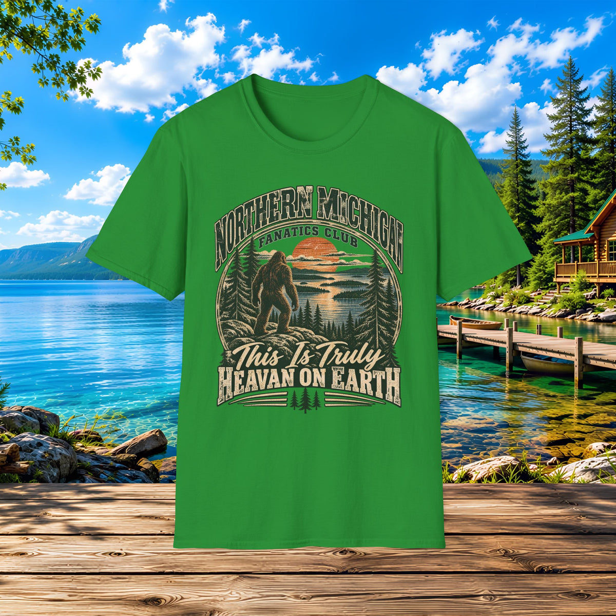 Northern Michigan T-Shirt — "This Is Truly Heaven On Earth" (Retro Sunset & Bigfoot)