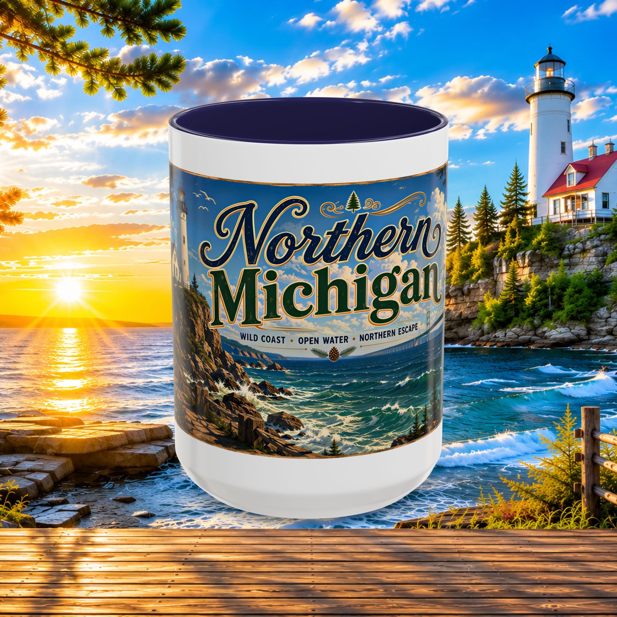 Northern Michigan Accent Coffee Mug — Scenic Lighthouse & Mackinac Bridge Travel Souvenir (11/15oz)