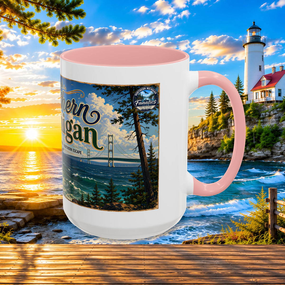 Northern Michigan Accent Coffee Mug — Scenic Lighthouse & Mackinac Bridge Travel Souvenir (11/15oz)