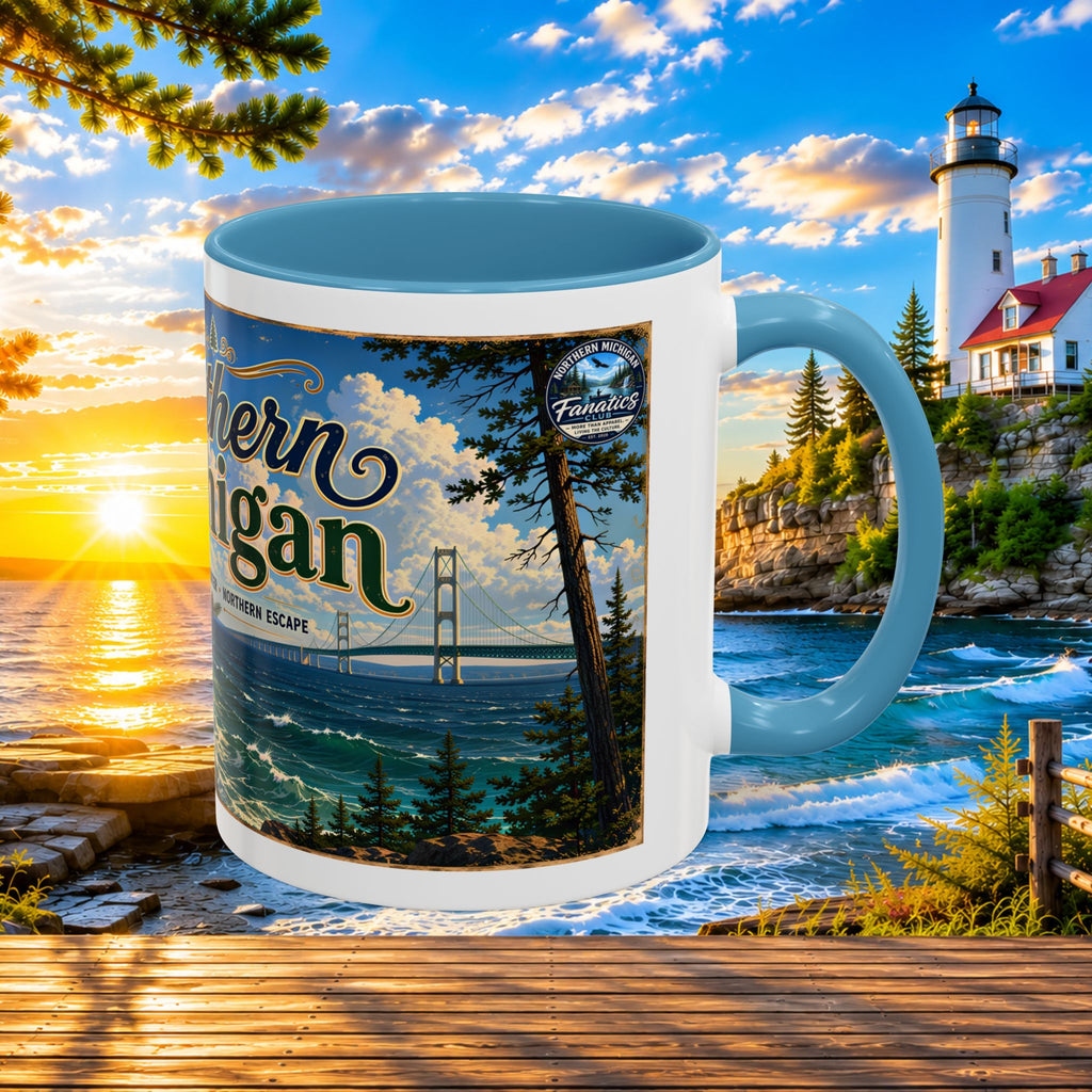 Northern Michigan Accent Coffee Mug — Scenic Lighthouse & Mackinac Bridge Travel Souvenir (11/15oz)