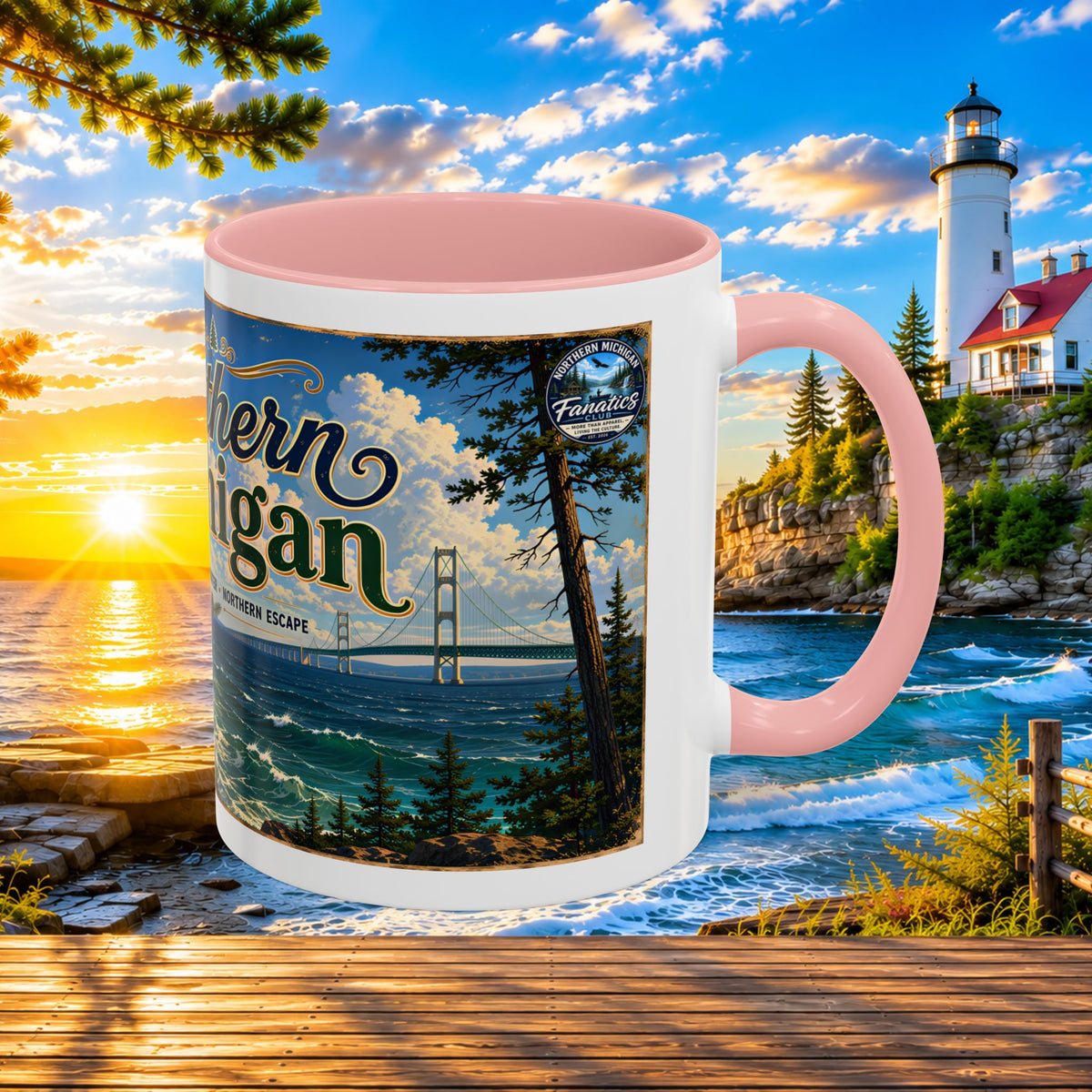 Northern Michigan Accent Coffee Mug — Scenic Lighthouse & Mackinac Bridge Travel Souvenir (11/15oz)