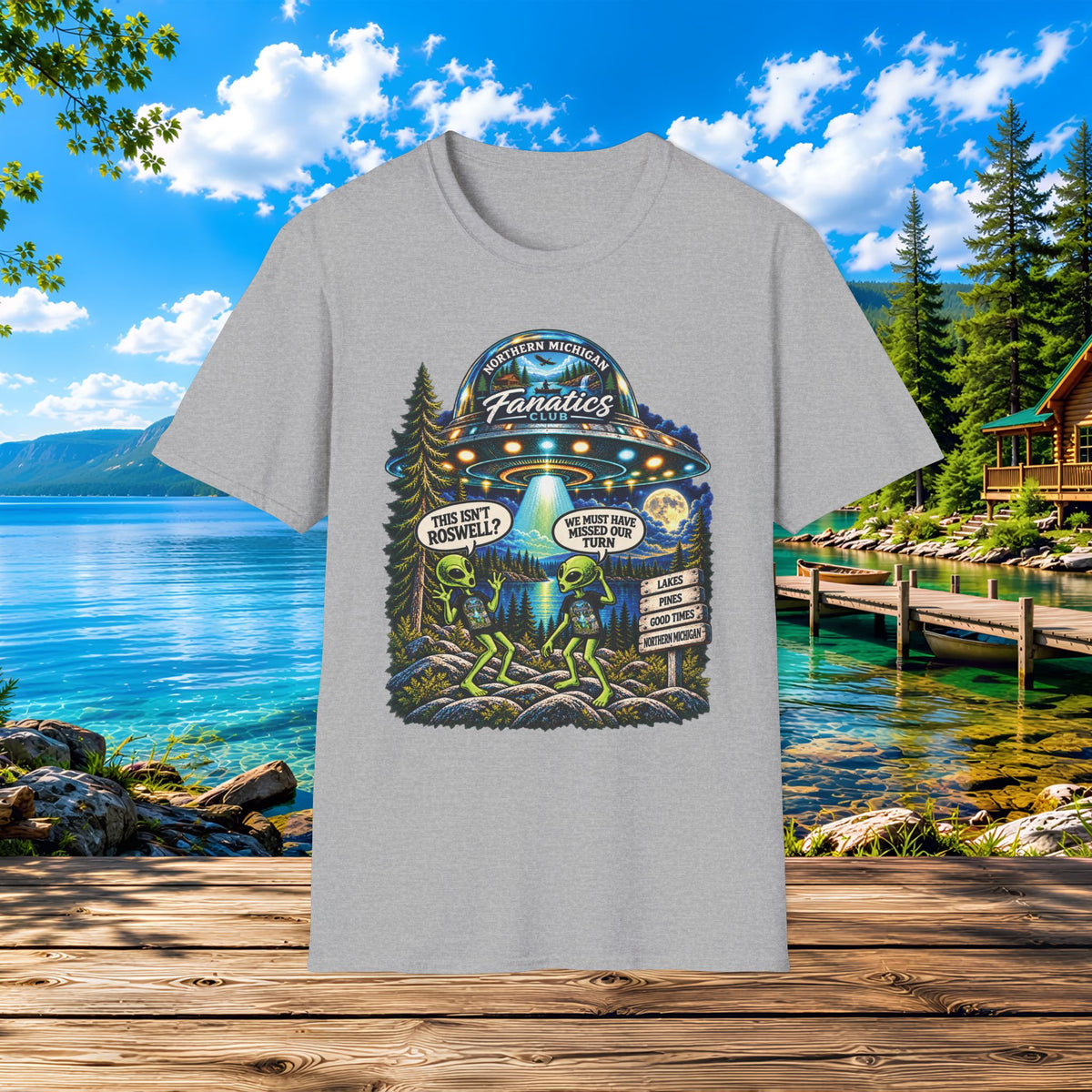Alien's and UFO - Did we miss our turn?  Where is Roswell? — "The Real Fanatics" UFO Night Adventure Tee