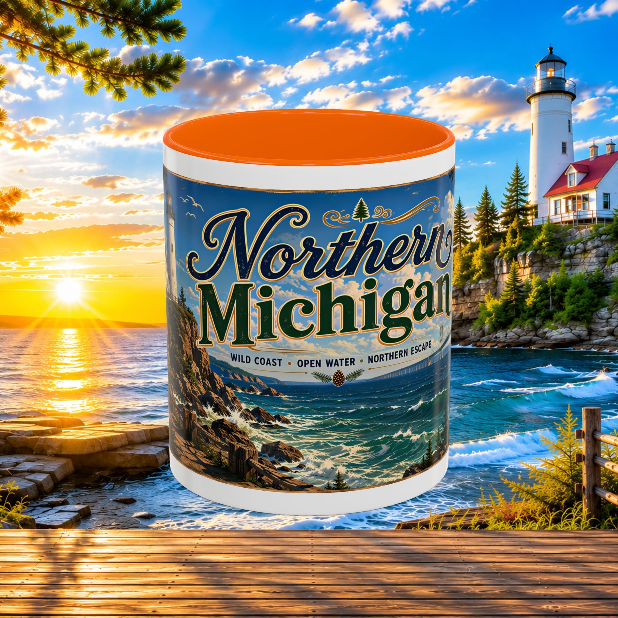 Northern Michigan Accent Coffee Mug — Scenic Lighthouse & Mackinac Bridge Travel Souvenir (11/15oz)
