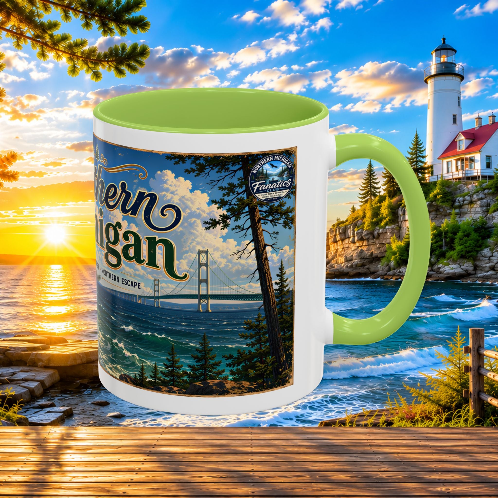 Northern Michigan Accent Coffee Mug — Scenic Lighthouse & Mackinac Bridge Travel Souvenir (11/15oz)