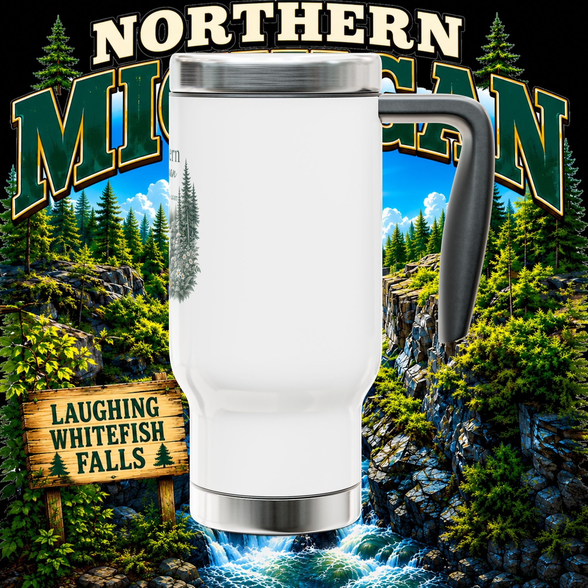 Northern Michigan Travel Mug — Laughing Whitefish Falls Stainless Steel 14oz