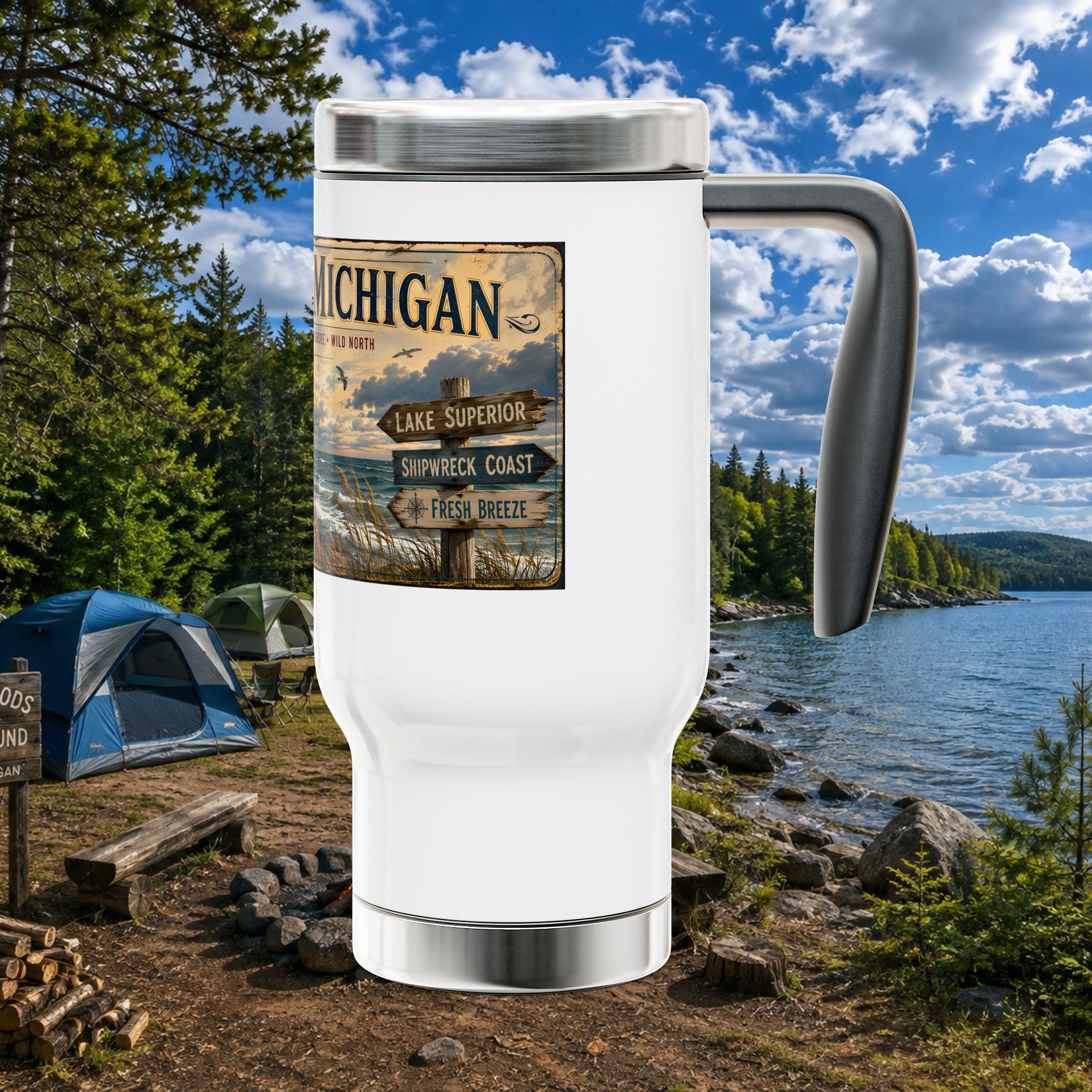 Northern Michigan Travel Mug — 14oz Stainless Steel Coffee Tumbler with Handle