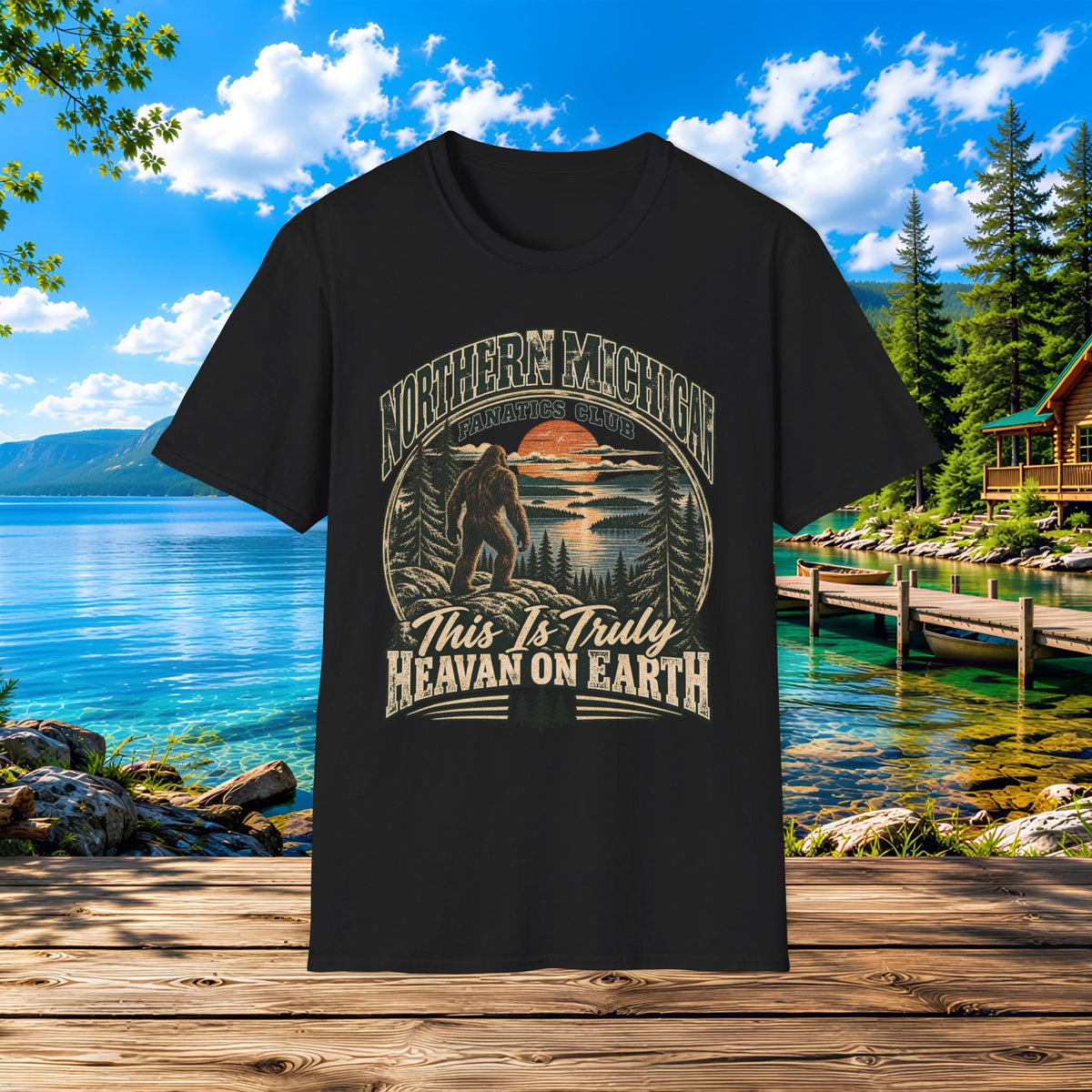 Northern Michigan T-Shirt — "This Is Truly Heaven On Earth" (Retro Sunset & Bigfoot)