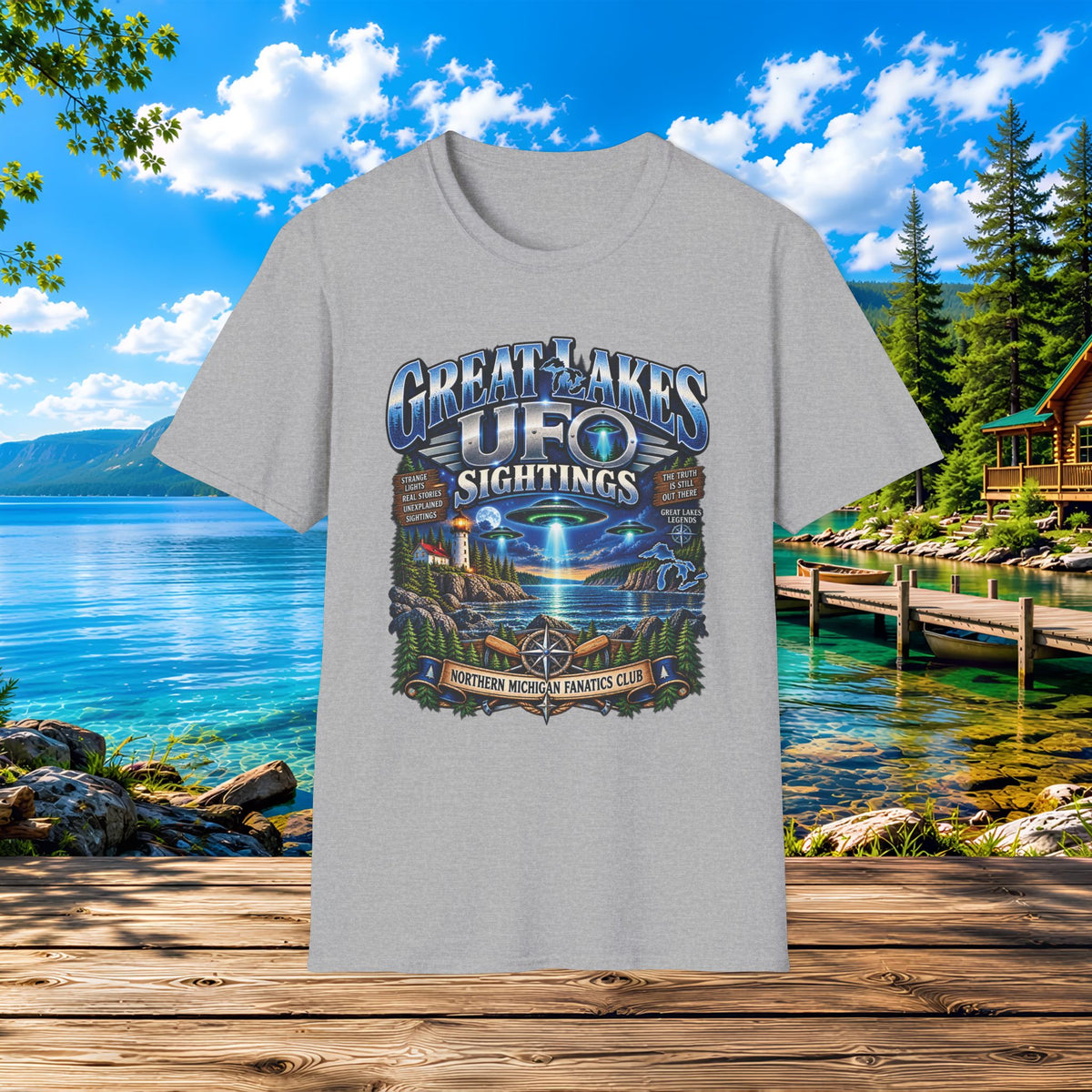 Great Lakes UFO Sightings T‑Shirt — Retro Alien Lake Scene