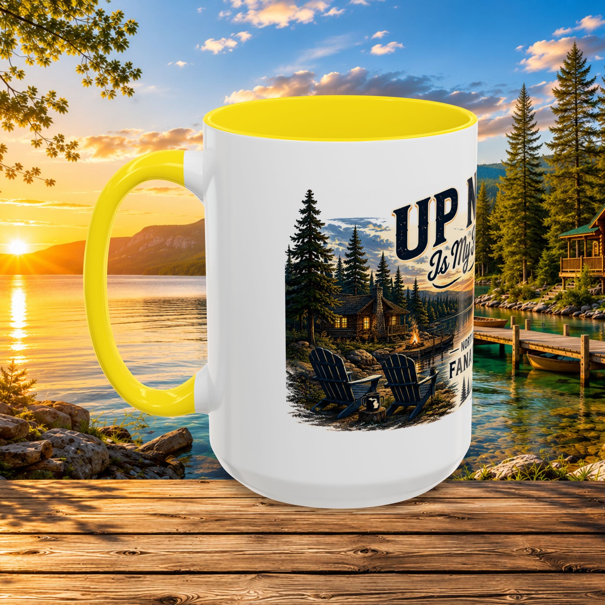 Up North Is My Happy Place Coffee Mug — Northern Michigan Scenic Accent Mug (11/15oz)