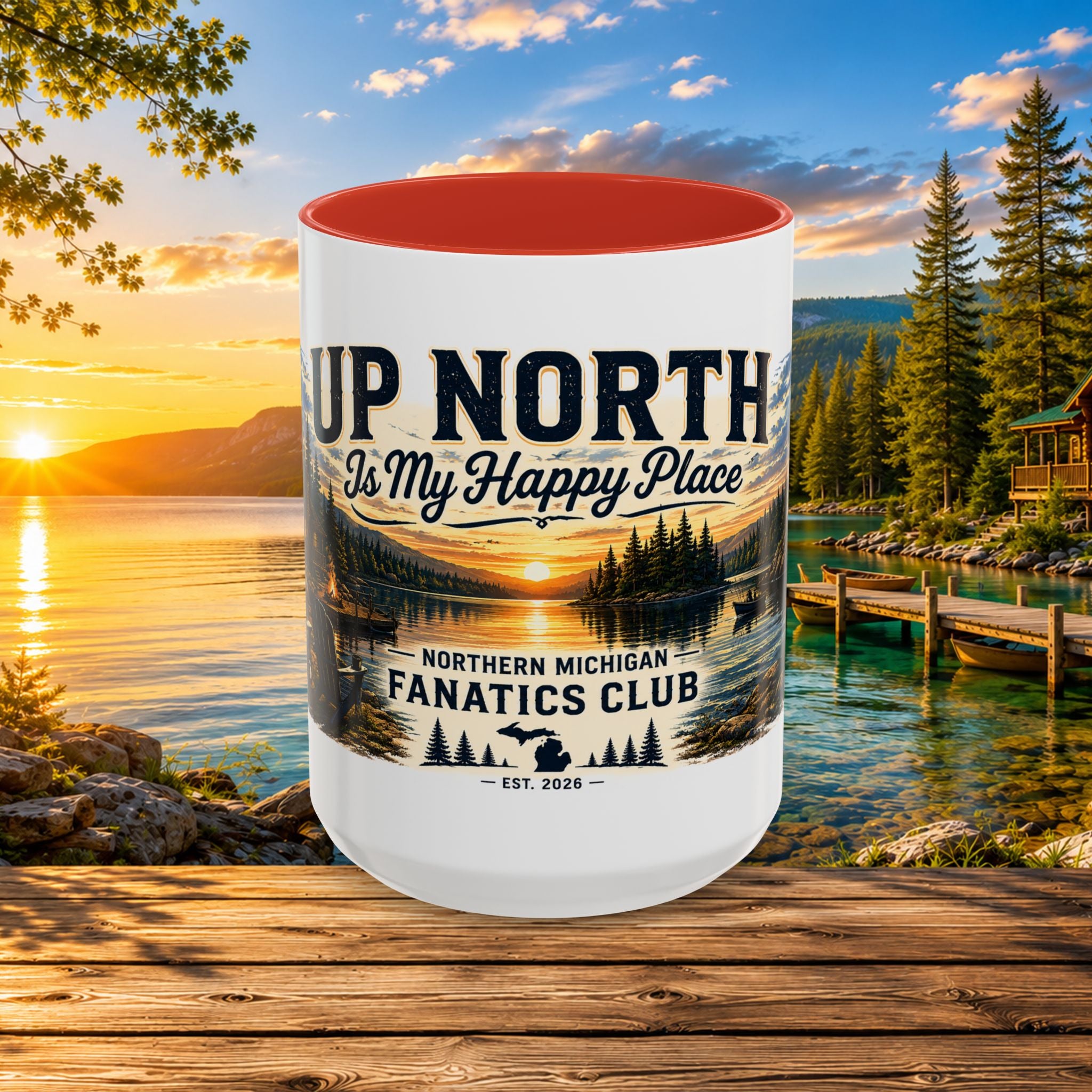 Up North Is My Happy Place Coffee Mug — Northern Michigan Scenic Accent Mug (11/15oz)