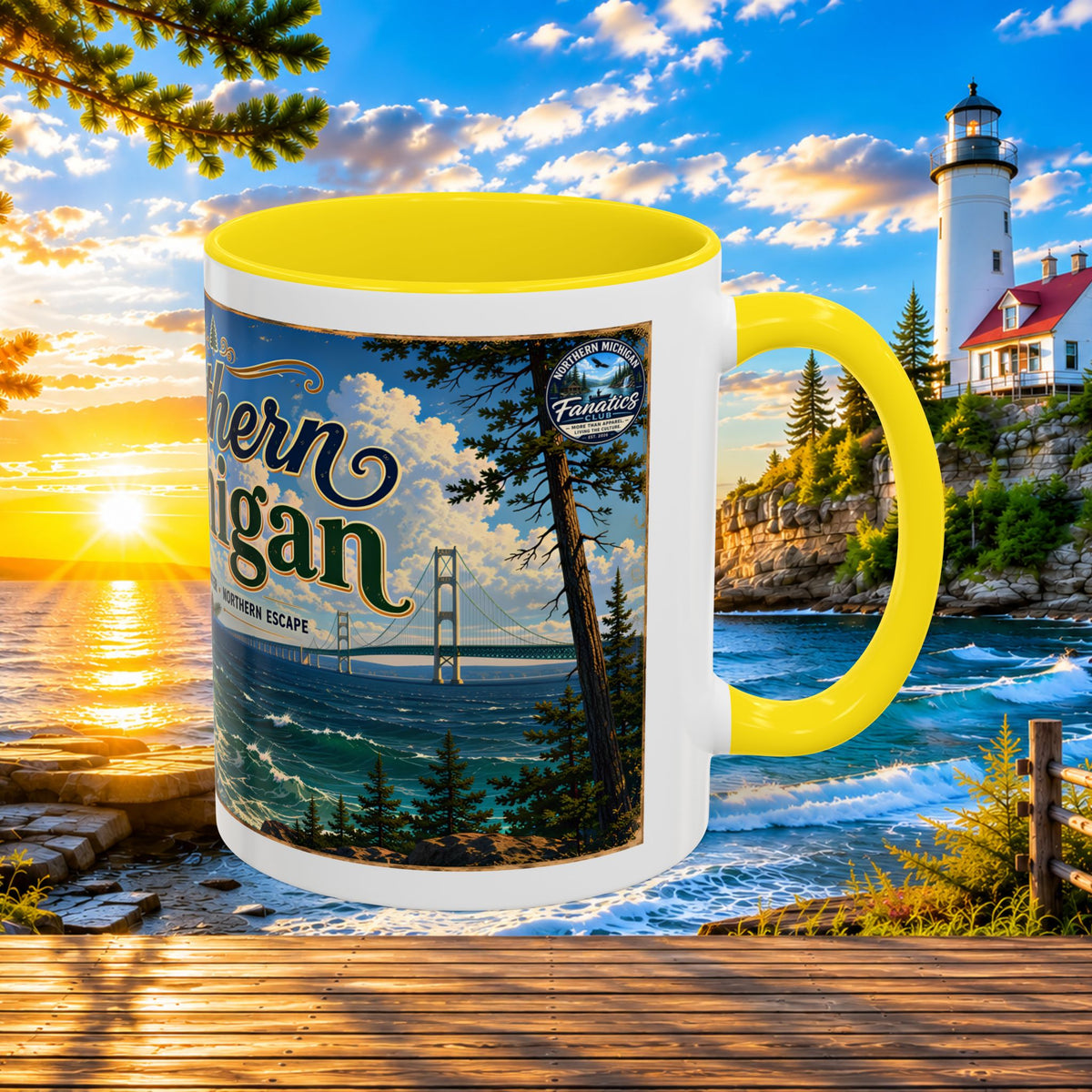 Northern Michigan Accent Coffee Mug — Scenic Lighthouse & Mackinac Bridge Travel Souvenir (11/15oz)