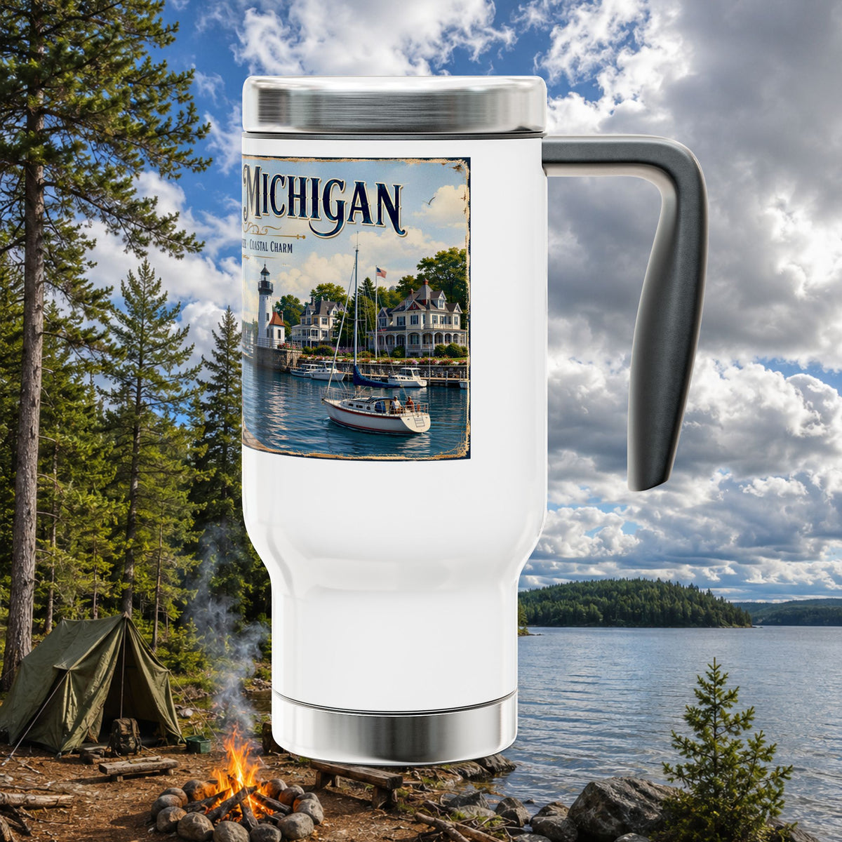 Northern Michigan Travel Mug - 14oz Stainless Steel with Handle (Lake Michigan Harbor Scenic)
