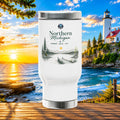 Northern Michigan Travel Mug — 14oz Stainless Steel Insulated Tumbler with Handle (Summer • Dock • Sun)