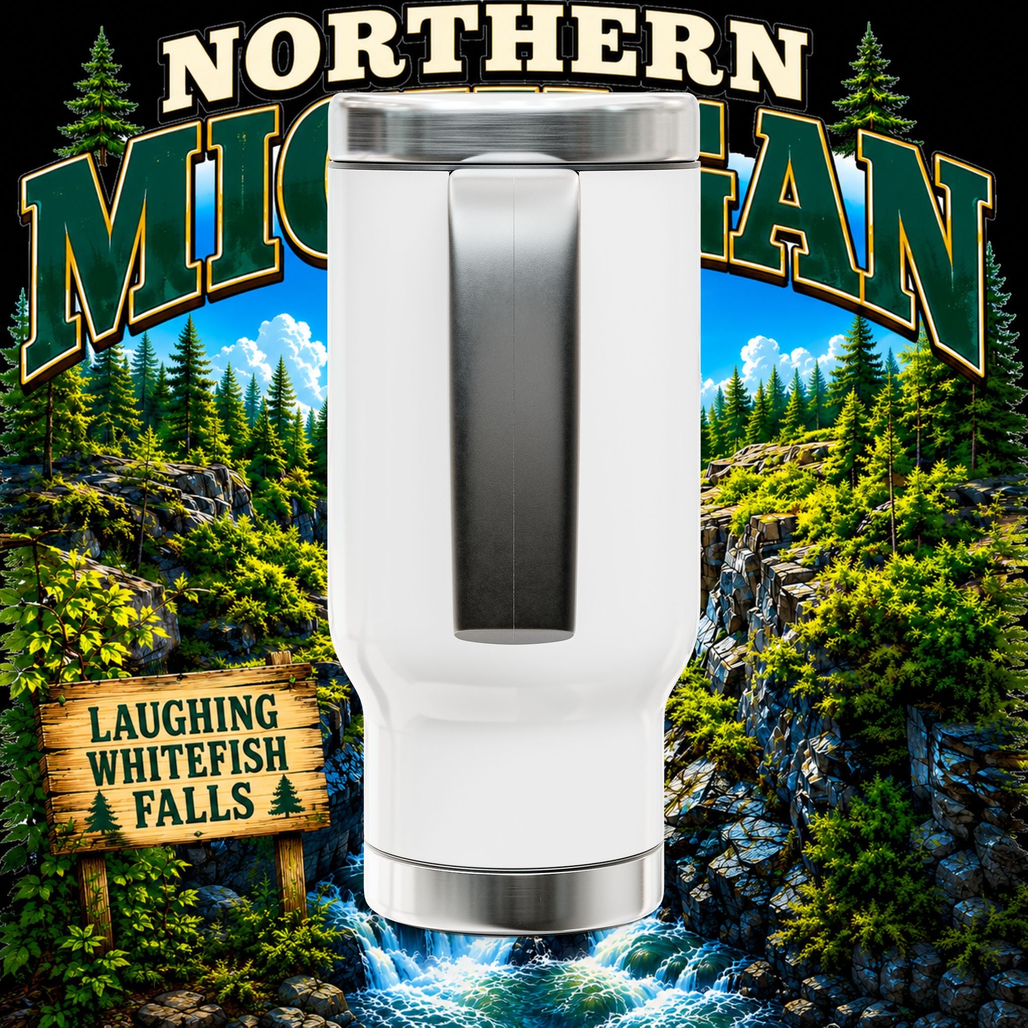 Northern Michigan Travel Mug — Laughing Whitefish Falls Stainless Steel 14oz