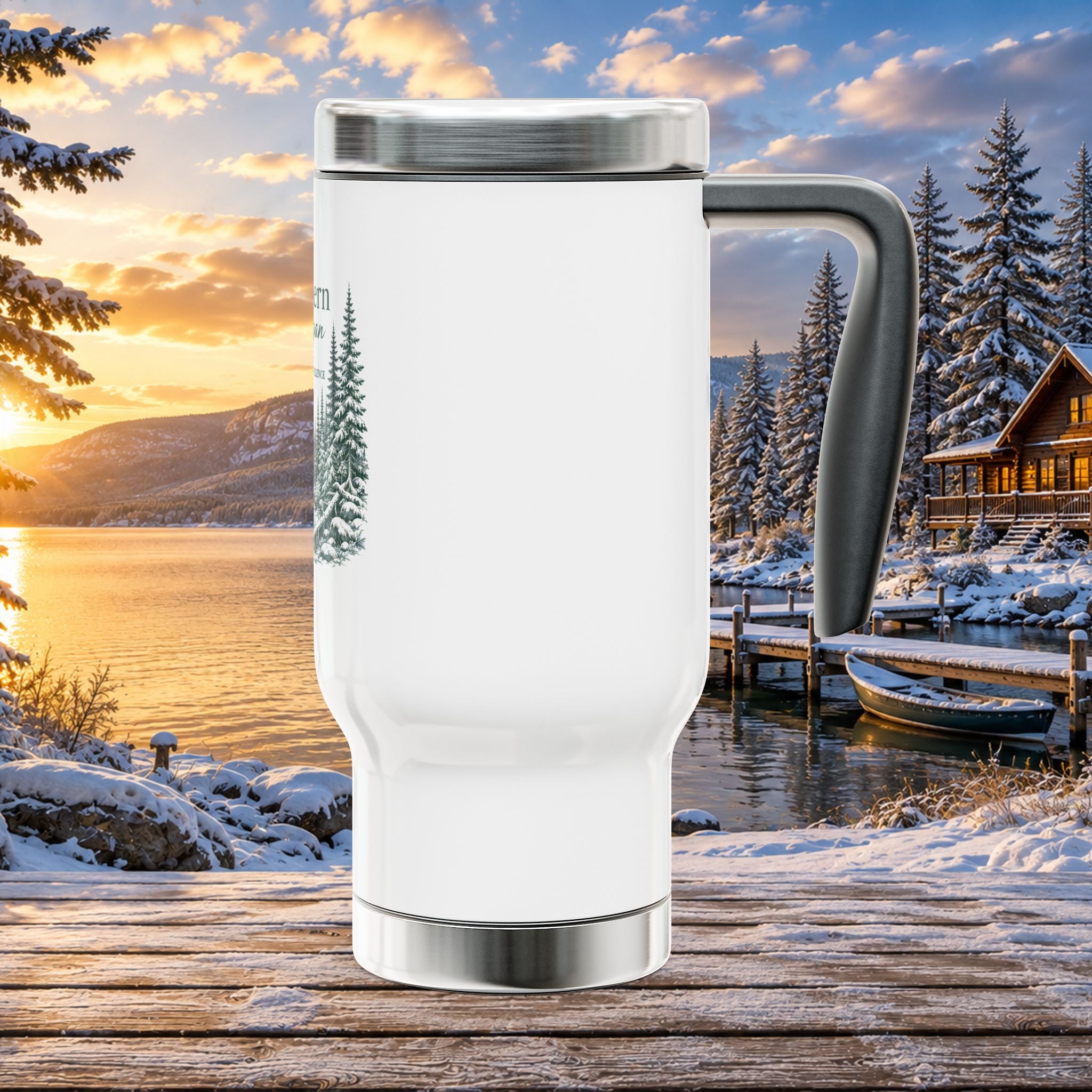 Northern Michigan Travel Mug 14oz — Winter Pines Stainless Steel Coffee Tumbler with Handle