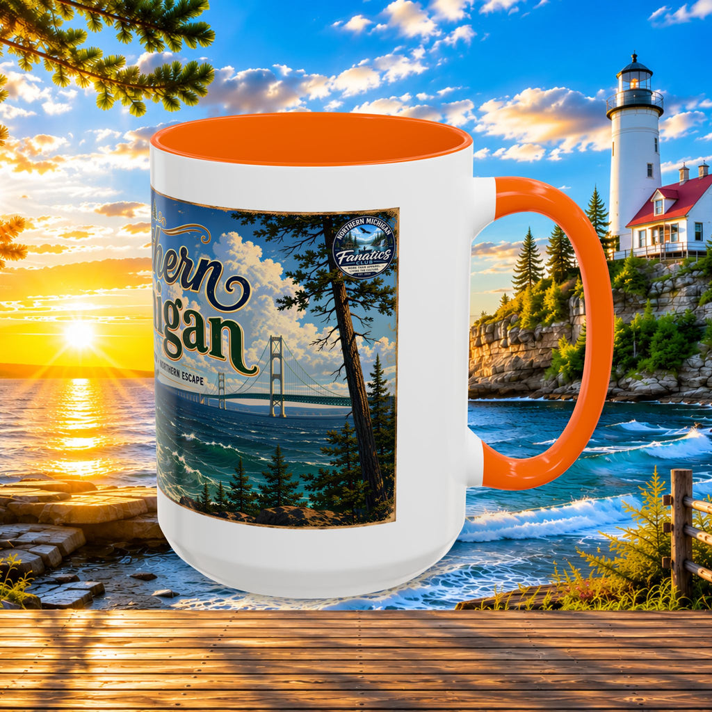 Northern Michigan Accent Coffee Mug — Scenic Lighthouse & Mackinac Bridge Travel Souvenir (11/15oz)