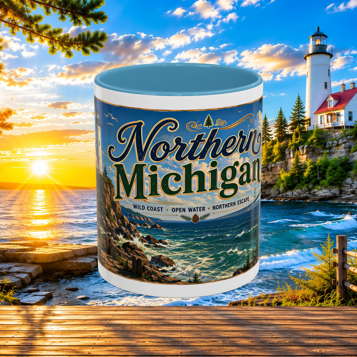 Northern Michigan Accent Coffee Mug — Scenic Lighthouse & Mackinac Bridge Travel Souvenir (11/15oz)