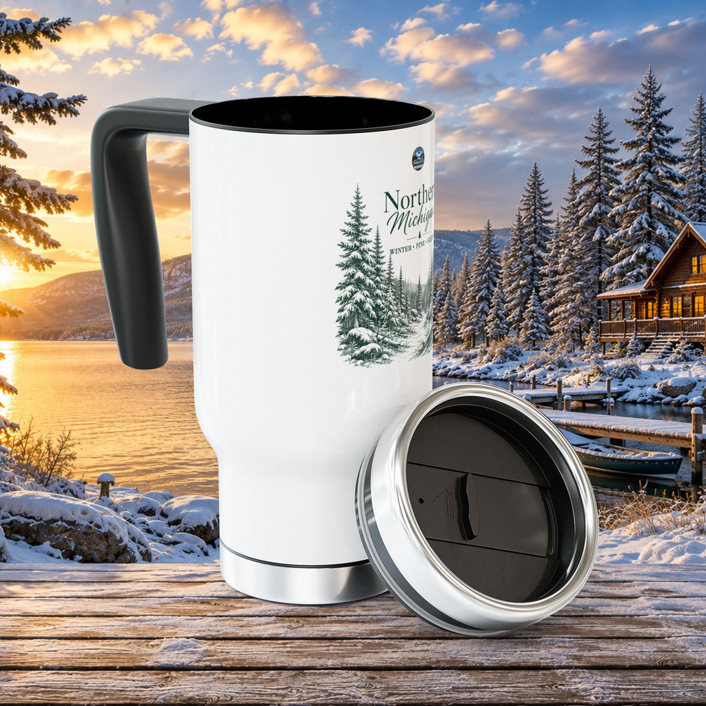 Northern Michigan Travel Mug 14oz — Winter Pines Stainless Steel Coffee Tumbler with Handle