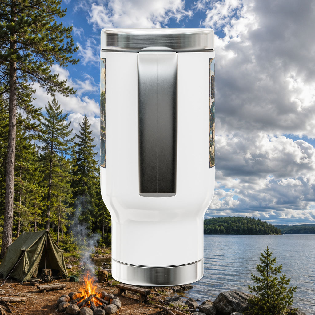 Northern Michigan Travel Mug - 14oz Stainless Steel with Handle (Lake Michigan Harbor Scenic)