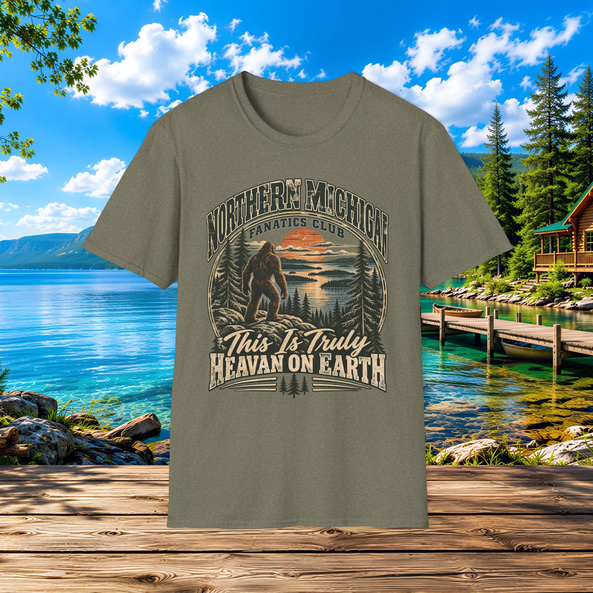 Northern Michigan T-Shirt — "This Is Truly Heaven On Earth" (Retro Sunset & Bigfoot)