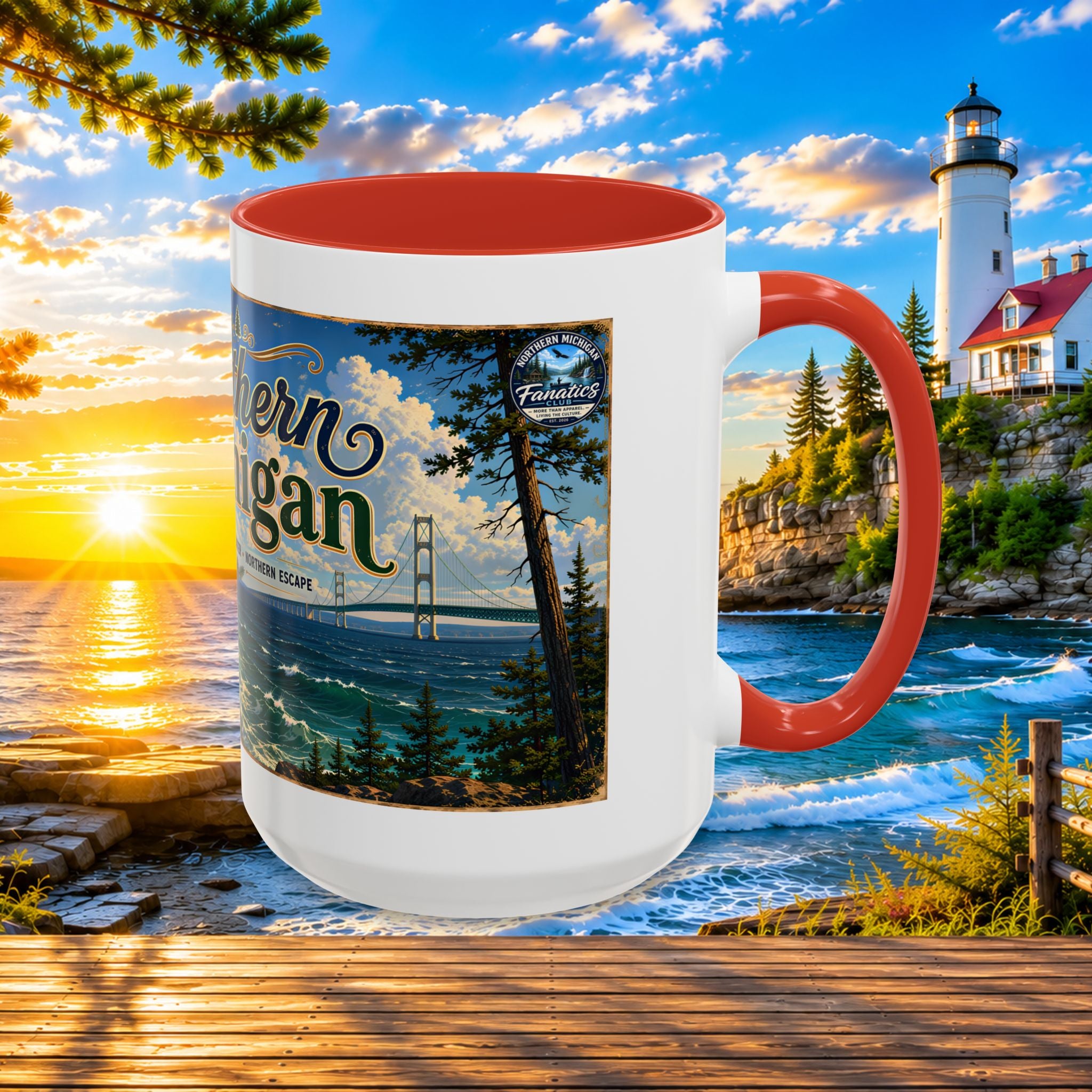 Northern Michigan Accent Coffee Mug — Scenic Lighthouse & Mackinac Bridge Travel Souvenir (11/15oz)
