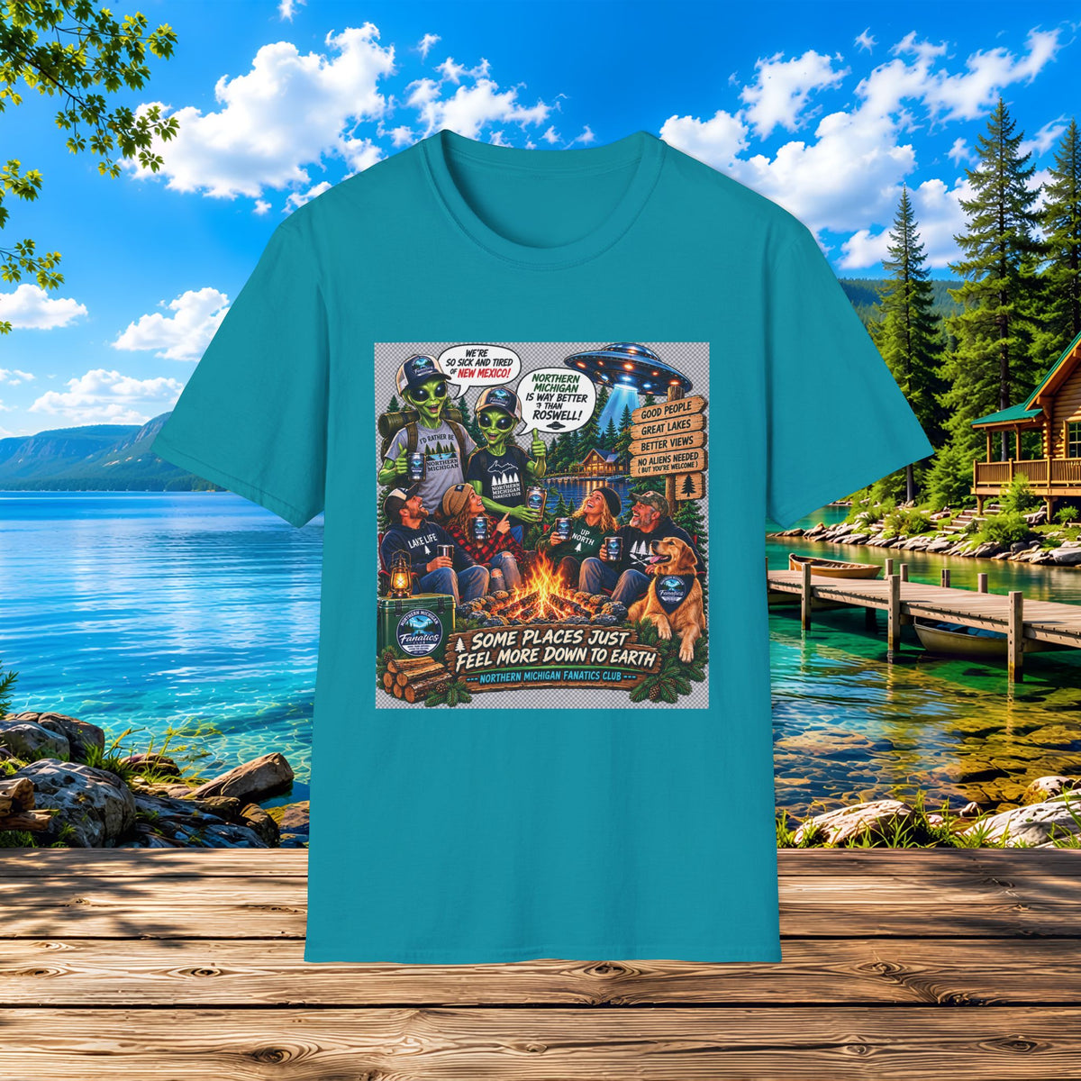 Camping & UFOs Graphic T-Shirt — "Some Places Just Feel More Down to Earth"