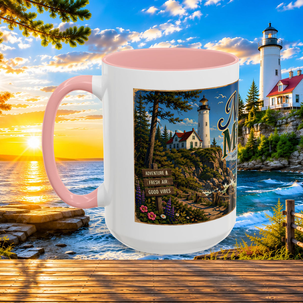 Northern Michigan Accent Coffee Mug — Scenic Lighthouse & Mackinac Bridge Travel Souvenir (11/15oz)