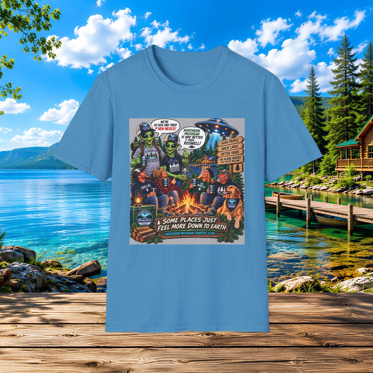 Camping & UFOs Graphic T-Shirt — "Some Places Just Feel More Down to Earth"