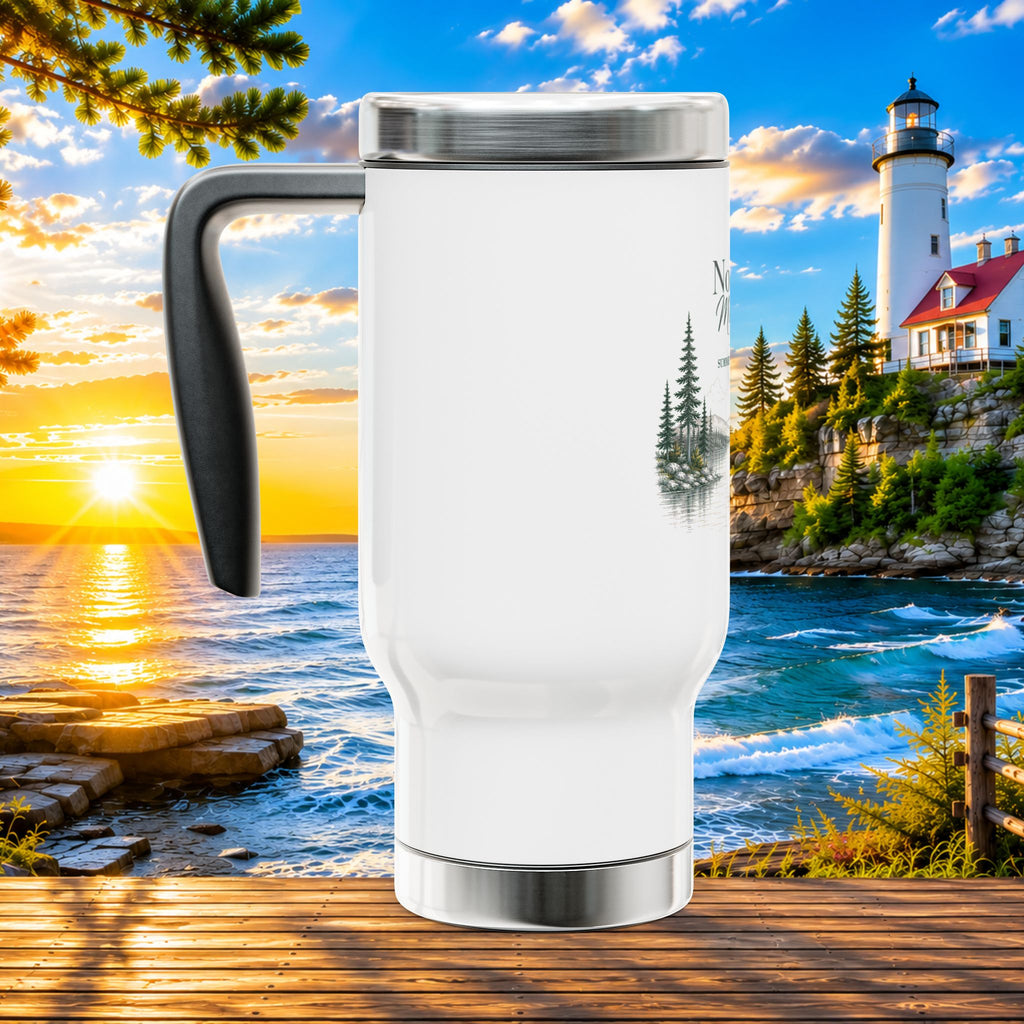 Northern Michigan Travel Mug — 14oz Stainless Steel Insulated Tumbler with Handle (Summer • Dock • Sun)