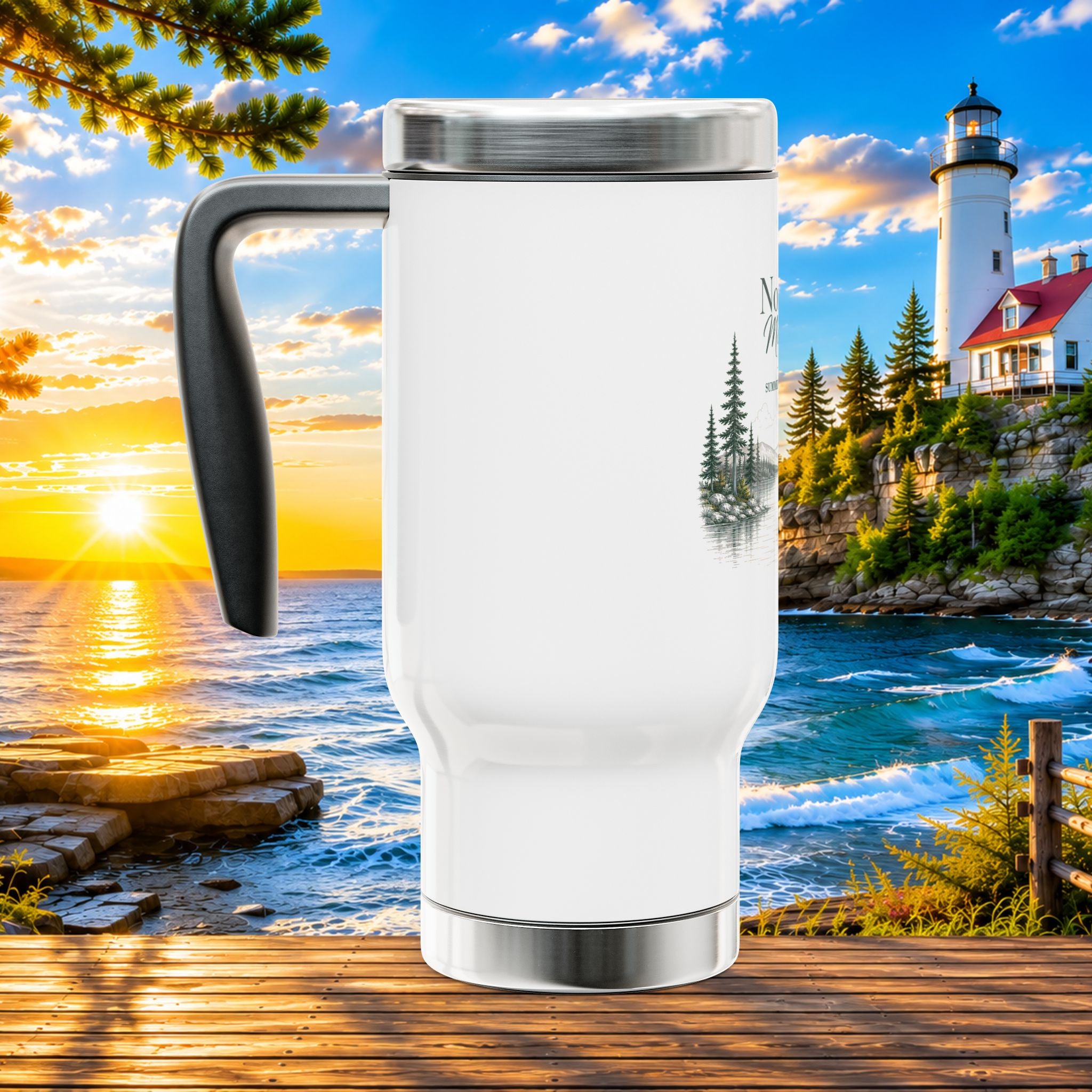 Northern Michigan Travel Mug — 14oz Stainless Steel Insulated Tumbler with Handle (Summer • Dock • Sun)