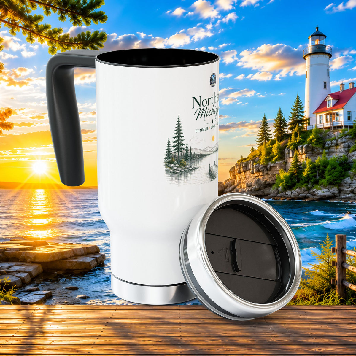Northern Michigan Travel Mug — 14oz Stainless Steel Insulated Tumbler with Handle (Summer • Dock • Sun)
