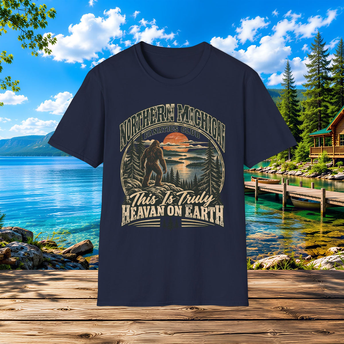 Northern Michigan T-Shirt — "This Is Truly Heaven On Earth" (Retro Sunset & Bigfoot)