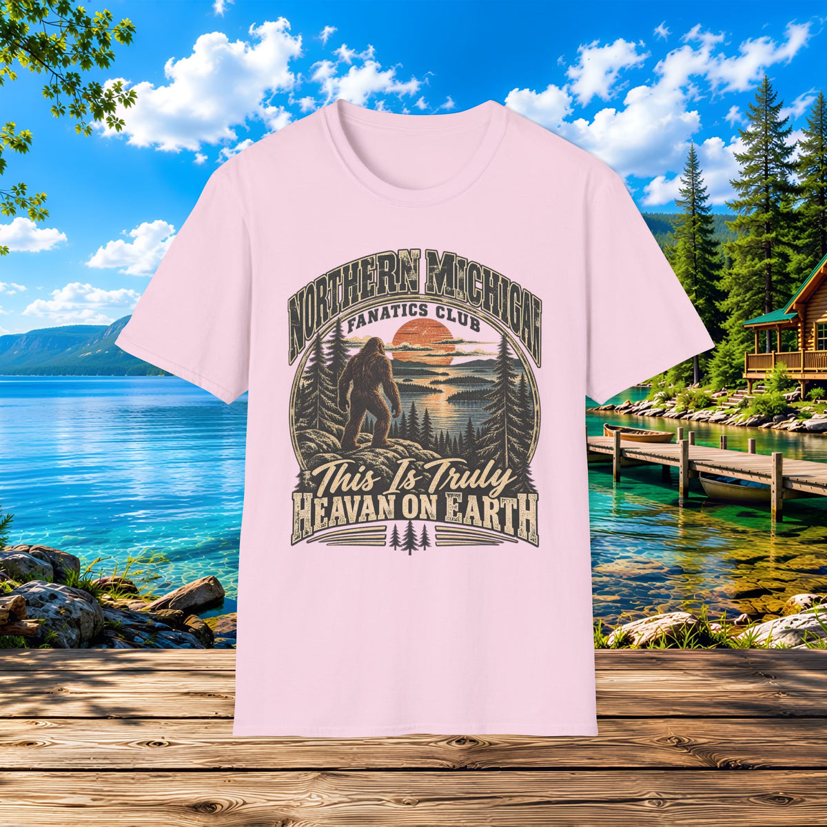 Northern Michigan T-Shirt — "This Is Truly Heaven On Earth" (Retro Sunset & Bigfoot)