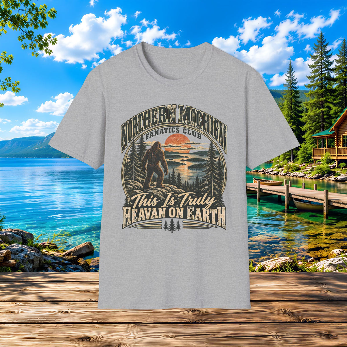 Northern Michigan T-Shirt — "This Is Truly Heaven On Earth" (Retro Sunset & Bigfoot)