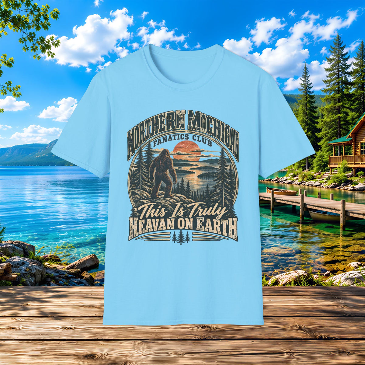Northern Michigan T-Shirt — "This Is Truly Heaven On Earth" (Retro Sunset & Bigfoot)