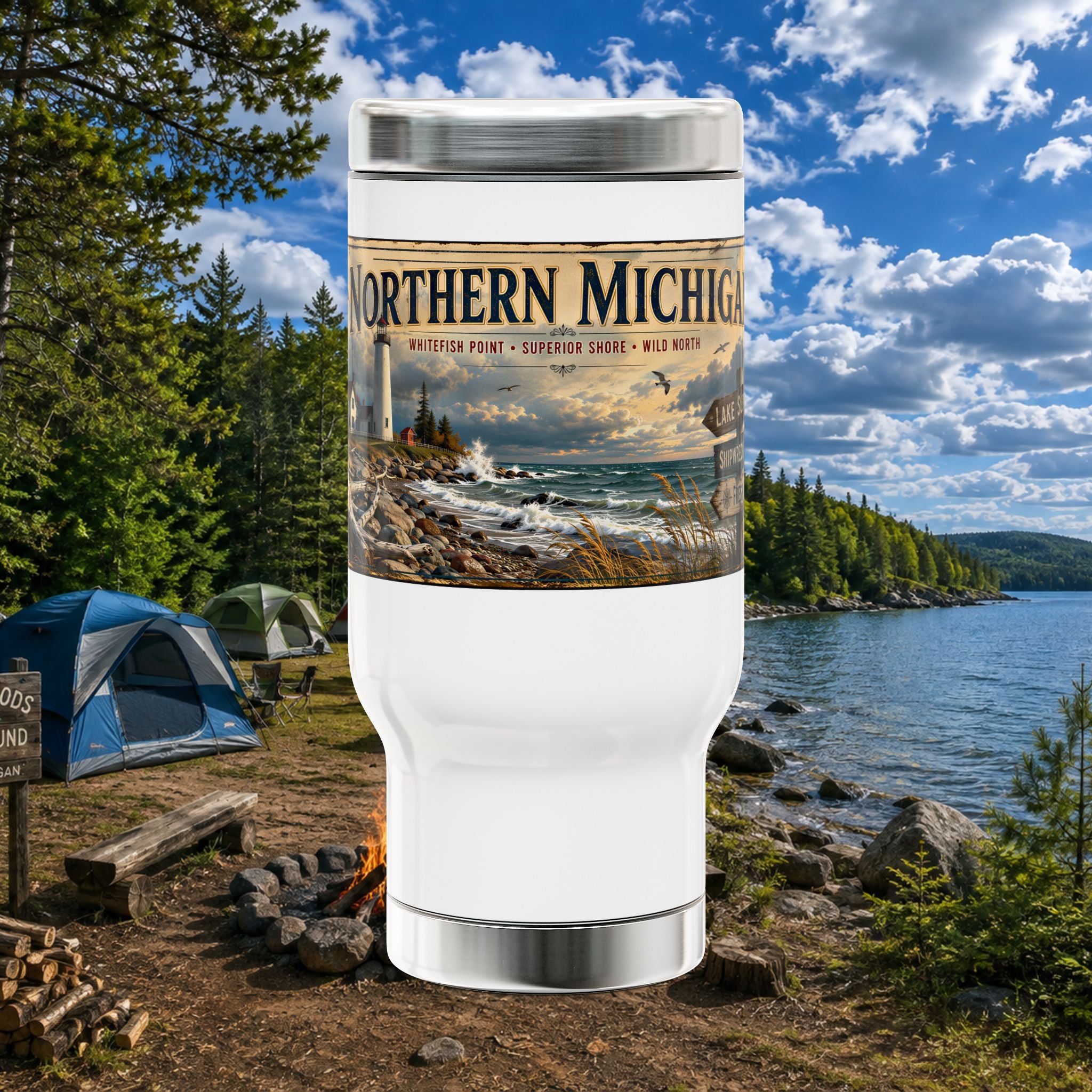 Northern Michigan Travel Mug — 14oz Stainless Steel Coffee Tumbler with Handle