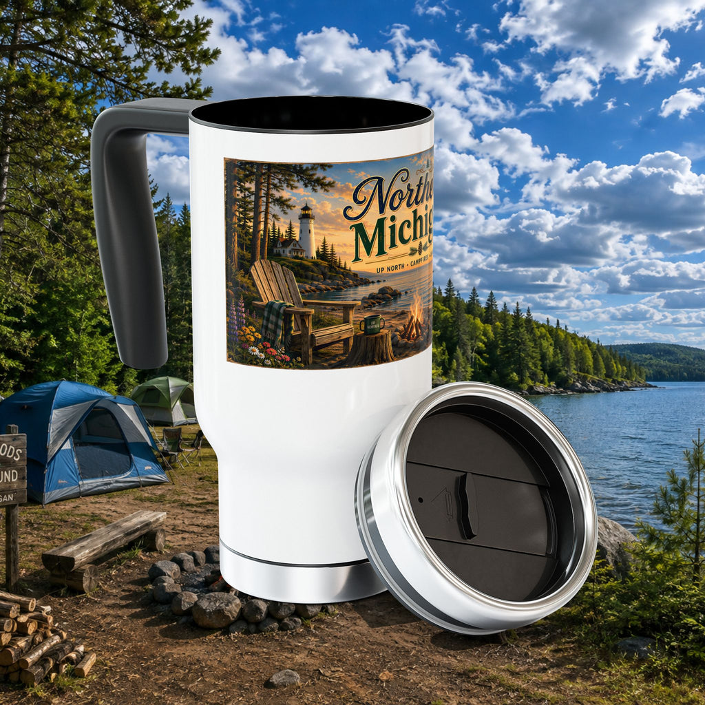 Northern Michigan Campfire Travel Mug — 14oz Stainless Steel with Handle