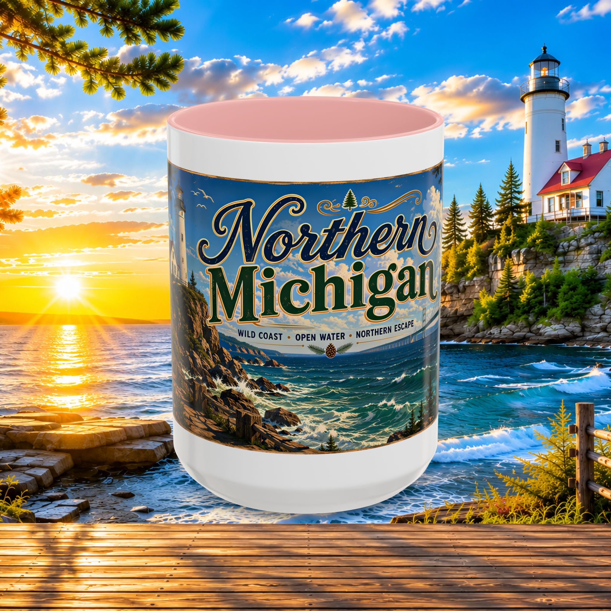 Northern Michigan Accent Coffee Mug — Scenic Lighthouse & Mackinac Bridge Travel Souvenir (11/15oz)