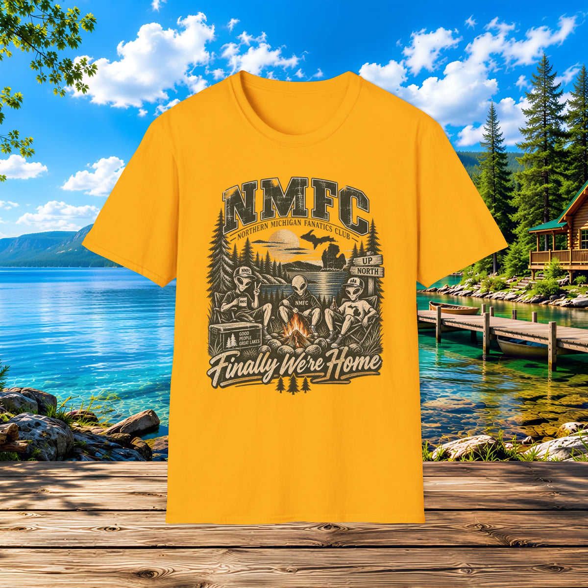 Camping Cabin T-Shirt — "NMFC Finally We're Home" Alien Campfire Tee