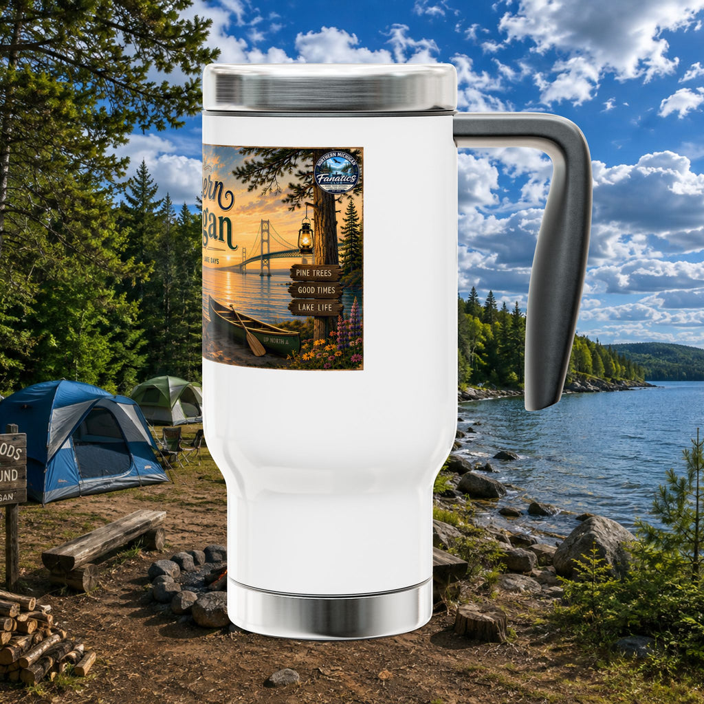 Northern Michigan Campfire Travel Mug — 14oz Stainless Steel with Handle