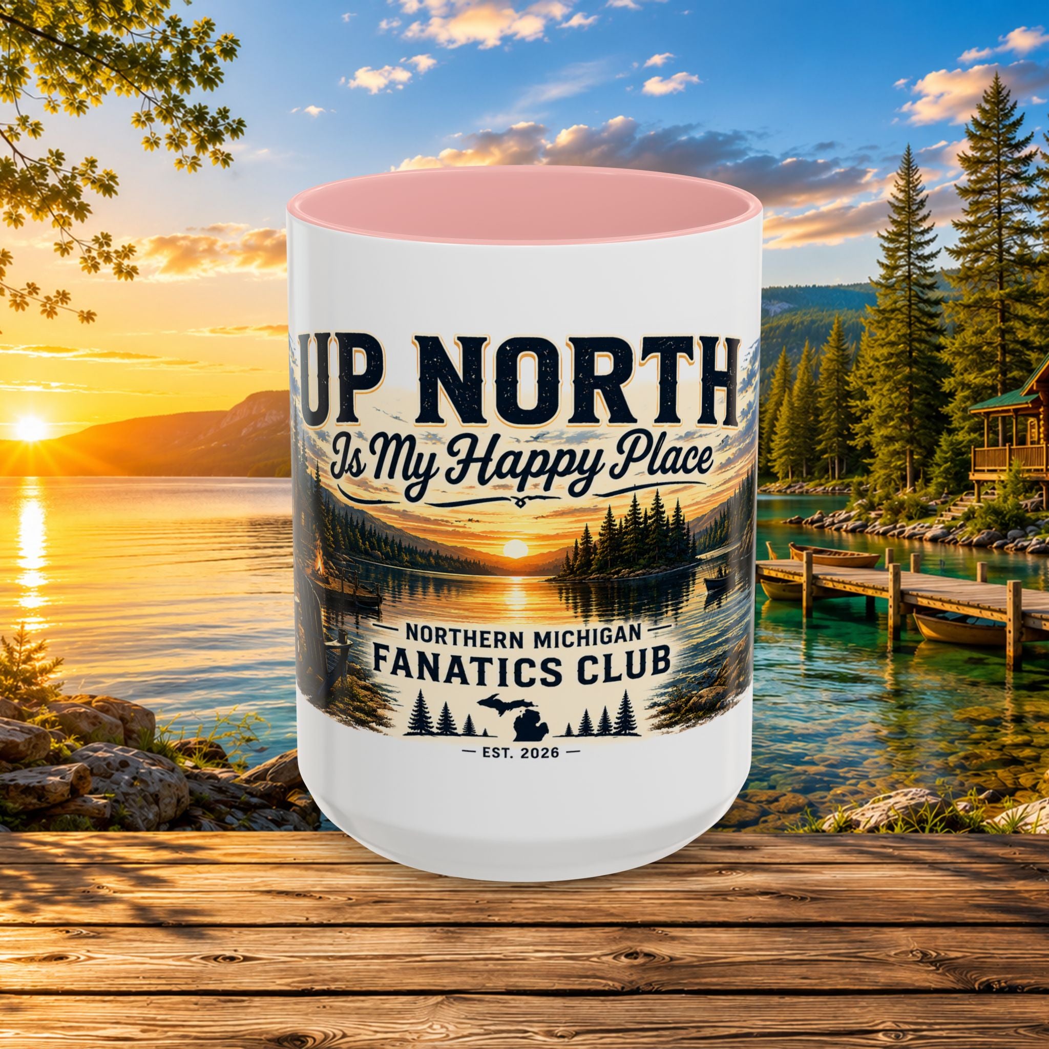 Up North Is My Happy Place Coffee Mug — Northern Michigan Scenic Accent Mug (11/15oz)
