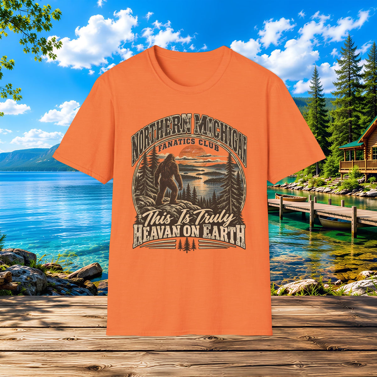 Northern Michigan T-Shirt — "This Is Truly Heaven On Earth" (Retro Sunset & Bigfoot)
