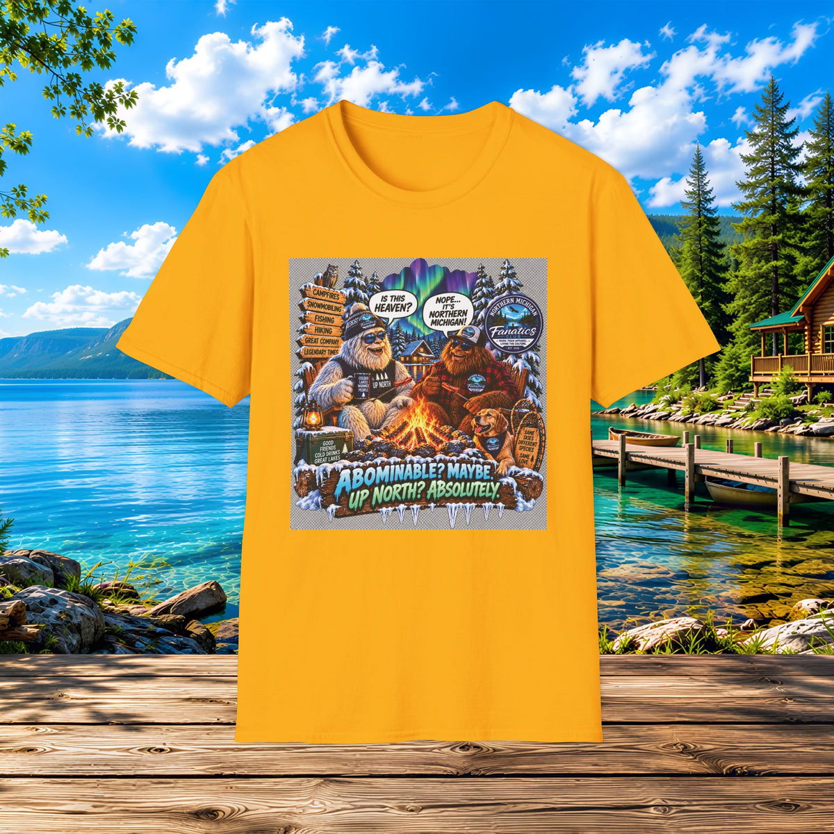 Bigfoot Campfire T-Shirt — "Abominable? Maybe Up North? Absolutely!" Outdoor Camping Graphic Tee