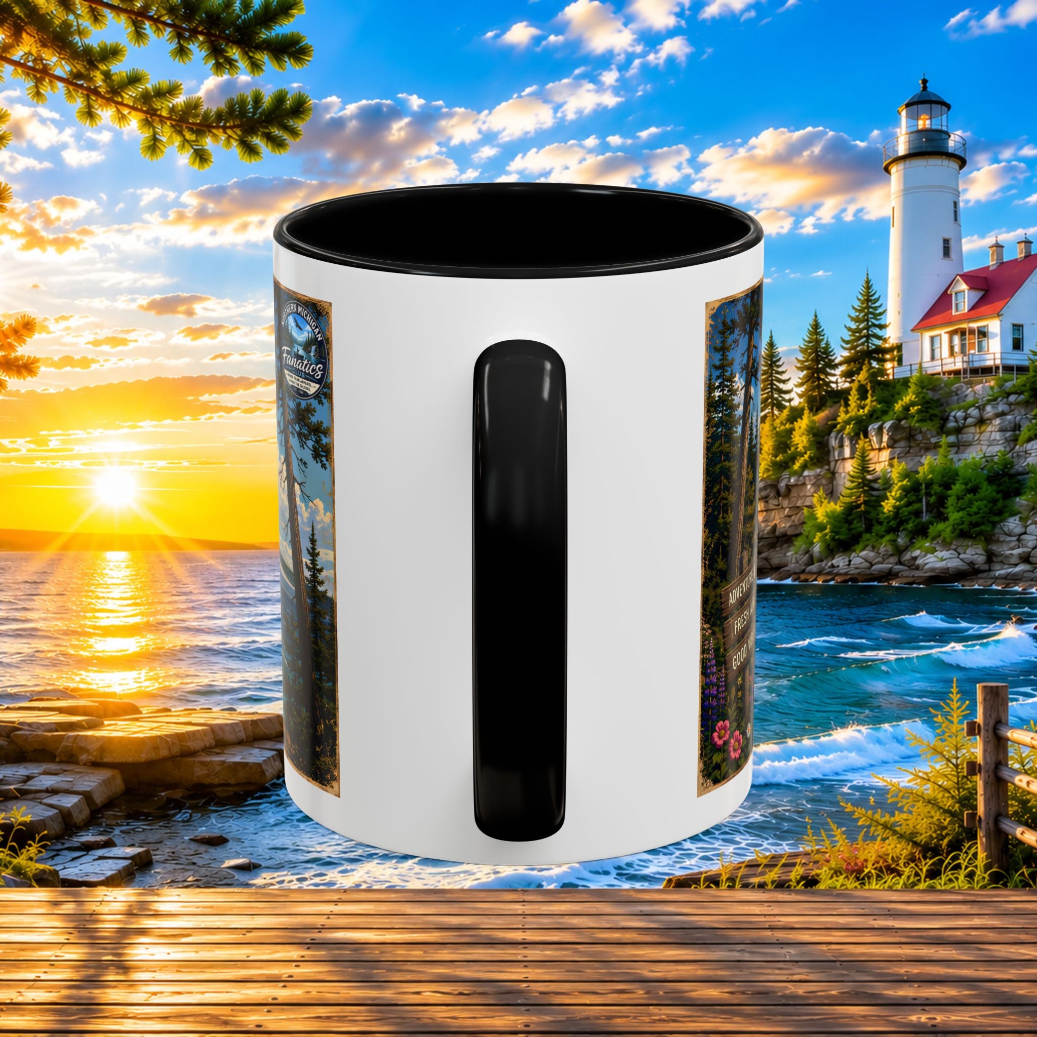 Northern Michigan Accent Coffee Mug — Scenic Lighthouse & Mackinac Bridge Travel Souvenir (11/15oz)