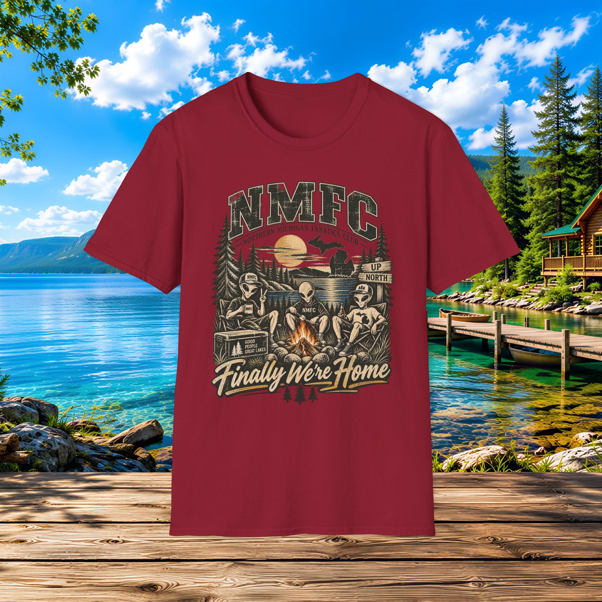 Camping Cabin T-Shirt — "NMFC Finally We're Home" Alien Campfire Tee