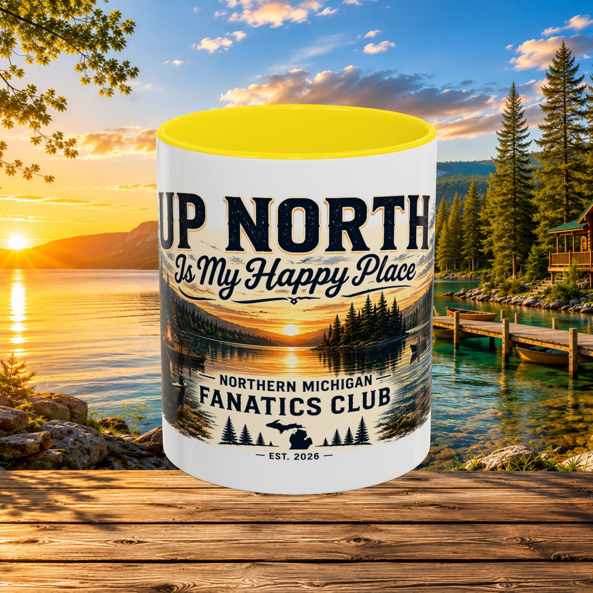 Up North Is My Happy Place Coffee Mug — Northern Michigan Scenic Accent Mug (11/15oz)