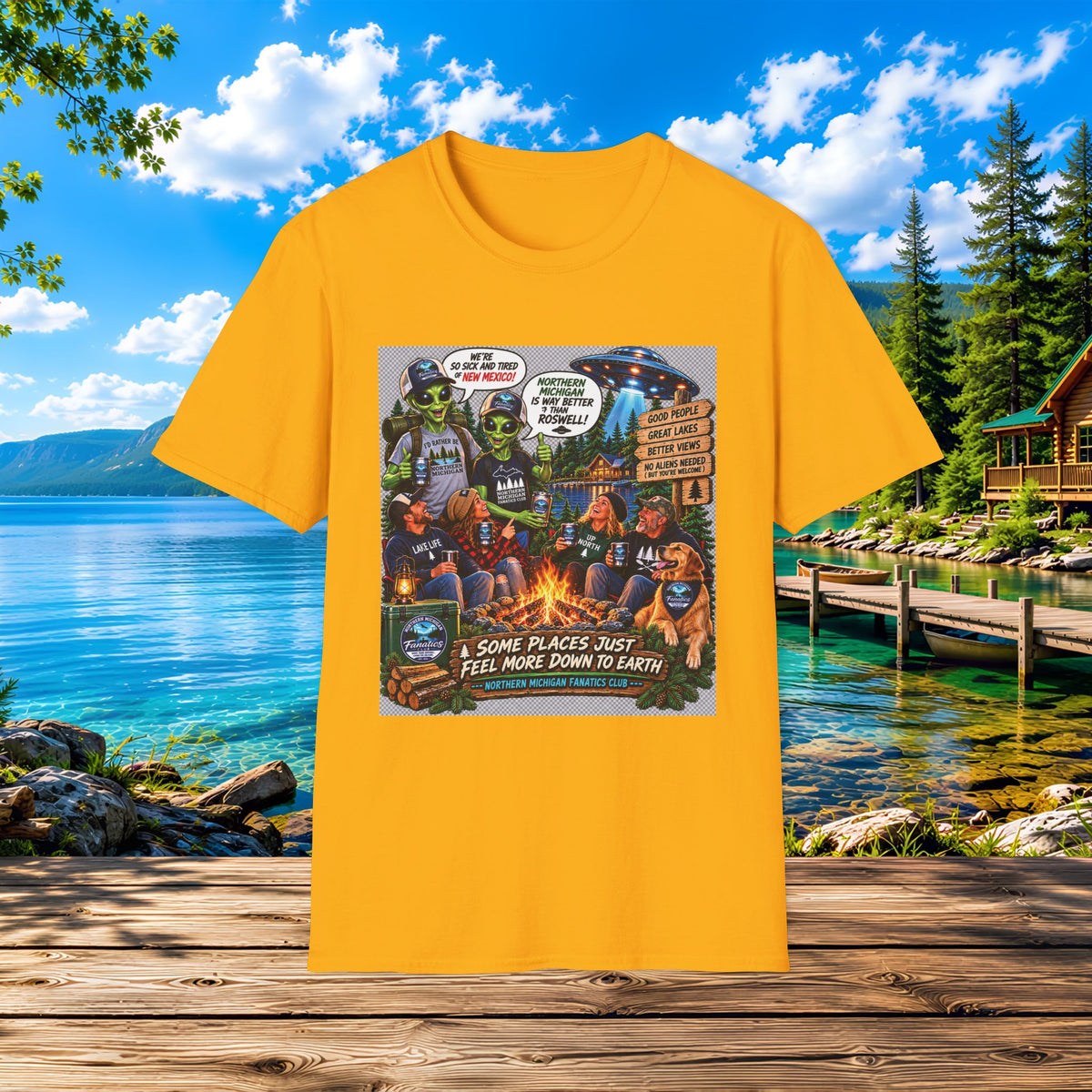 Camping & UFOs Graphic T-Shirt — "Some Places Just Feel More Down to Earth"